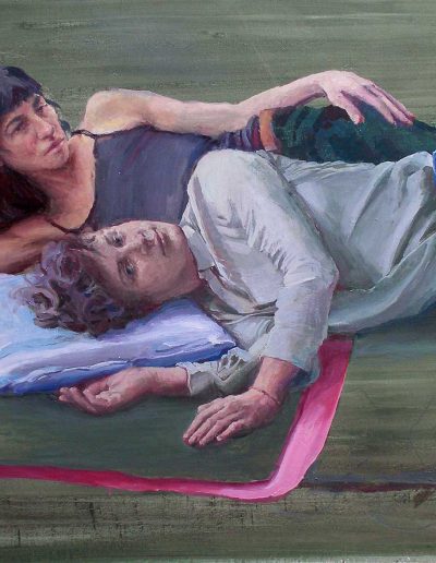 Joana und Heleen probieren für Junge Damen am Ufer der Seine, nach Gustave Courbet, Öl/Lwd., 70 x 90 cm, 2019