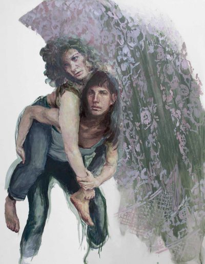 Joana und Heleen probieren für Aeneas trägt Anchises aus dem brennenden Troja, nach Raffael da Urbino, Öl/Lwd., 150 x 120 cm, 2019