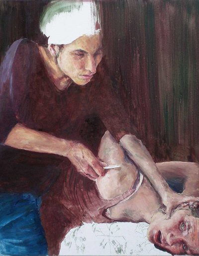 Joana und Heleen probieren für Abrahamsopfer, nach Rembrandt van Rijn, Öl/Lwd., 70 x 90 cm, 2019