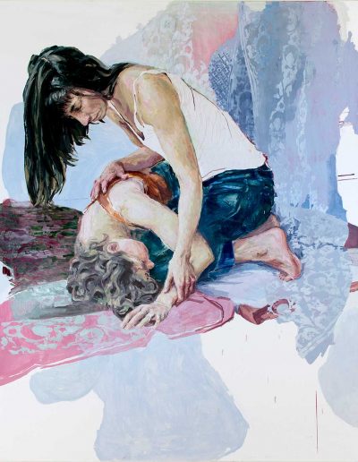 Joana und Heleen probieren für Einzug der Kreuzfahrer in Konstantinopel, nach Eugène Delacroix, Öl/Lwd., 155 x 120 cm, 2020