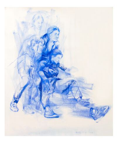 Trudi und Helene proben für Sintflut, nach Annibale Carracci, blaue Pastellkreide auf Zeichenkarton, 170 × 150 cm, 2021
