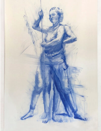 Jekaterina probiert für St.Georg, nach Donatello, blaue Pastellkreide auf Zeichenkarton, 240 × 150 cm, 2022