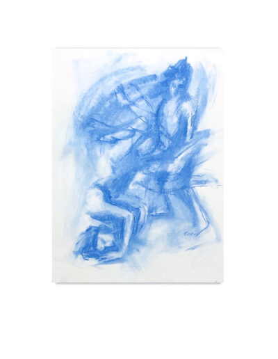 Joana und Heleen probieren für Timoclea stürzt einen Hauptmann Alexanders des Großen in einen Brunnen, nach Elisabetta Sirani, blaue Pastellkreide auf Zeichenkarton, 44 x 32 cm, 2022