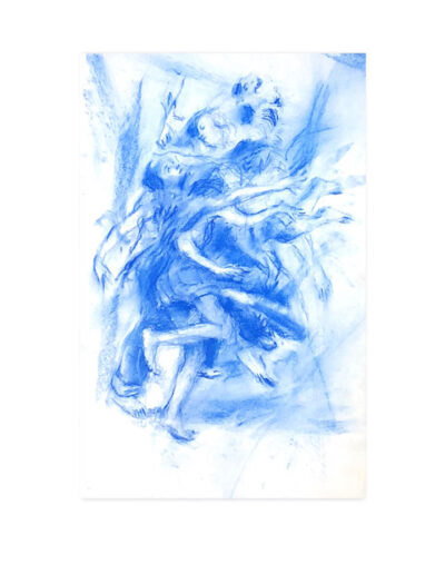 Joana und Heleen probieren für Jakob ringt mit dem Engel, nach Rembrandt, blaue Pastellkreide auf Zeichenkarton, 46 x 30 cm, 2022