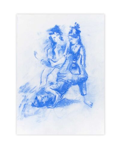 Joana und Heleen proben für »Timoclea stürzt einen Hauptmann Alexanders des Großen in einen Brunnen« – nach Elisabetta Sirani, 43 x 30 cm, blaue Pastellkreide auf Zeichenkarton, 2024