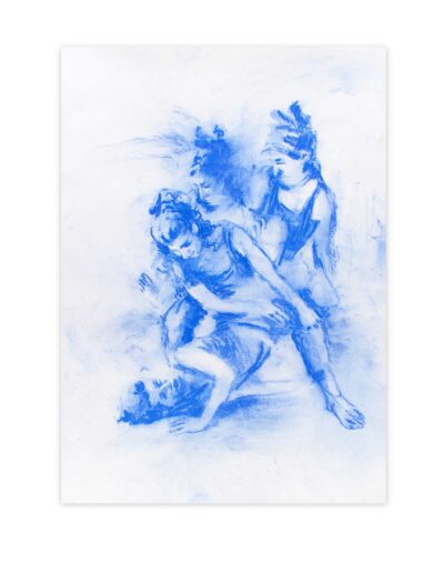 Joana und Heleen proben für »Timoclea stürzt einen Hauptmann Alexanders des Großen in einen Brunnen« – nach Elisabetta Sirani, 43 x 30 cm, blaue Pastellkreide auf Zeichenkarton, 2024